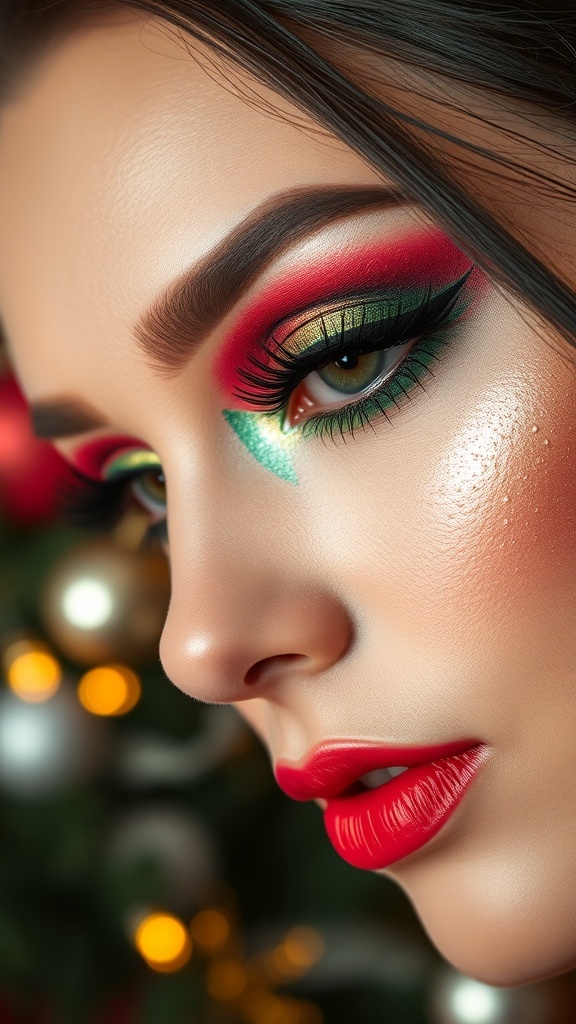 Festive Christmas Eye Makeup Tutorial Close-up of glamorous Christmas eye makeup with green and red shades, gold highlights, and long lashes.